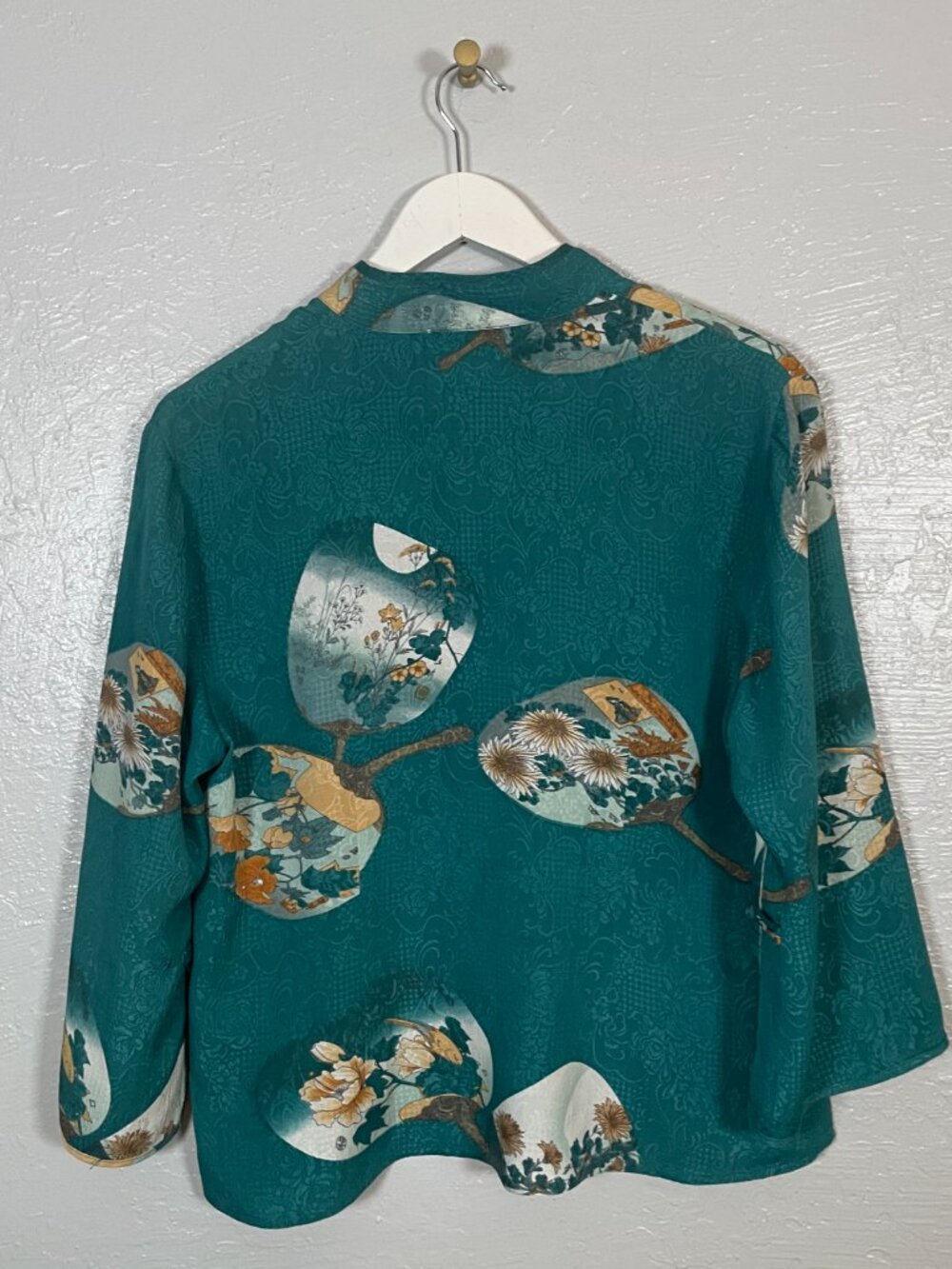 Citron Santa Monica Women M Teal Silk Blouse Hand Mirror Print Mandarin Collar - Picture 6 of 10